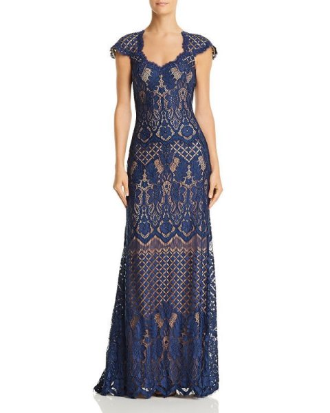 画像1: Tadashi Shoji タダシショージ   Lace Cap Sleeve Gown Midnight ブルー系ネイビー系 (1)