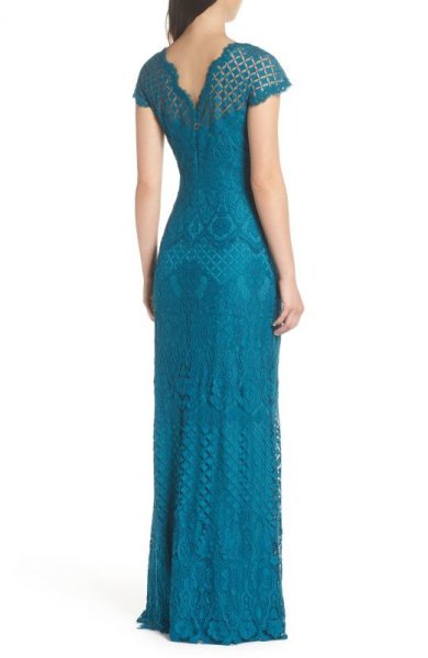画像2: セール!Tadashi Shoji タダシショージ   Lace Cap Sleeve Gown Cerulean ブルー系、グリーン系  04032 (2)