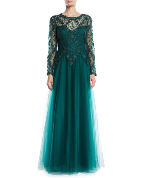 画像1: Tadashi Shoji タダシショージ　3D Lace Gown　エメラルド　グリーン系 (1)