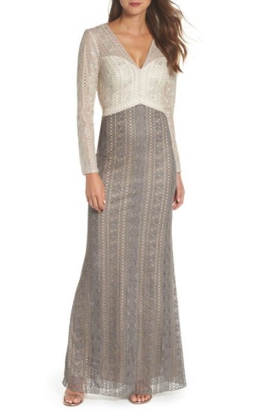 画像1: Tadashi Shoji タダシショージ   two-tone lace gown　ベージュ系、グレー系 (1)