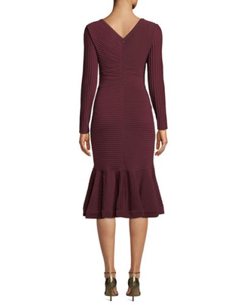 画像2: Tadashi Shoji タダシショージ   Vネックピンタックジャージードレス ワイン (2)