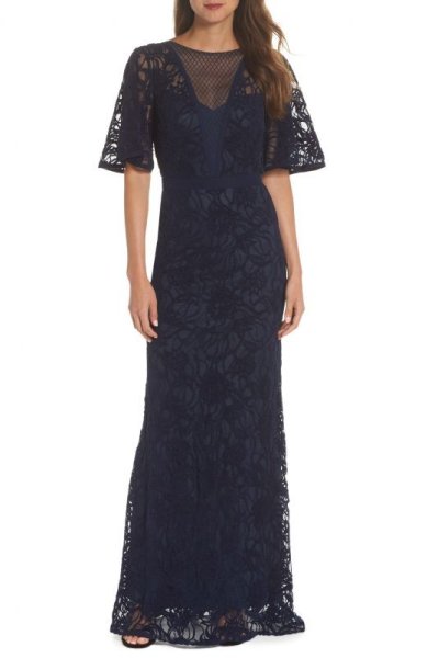 画像1: Tadashi Shoji  タダシショージ   Burnout Lace Gown ネイビー系 (1)