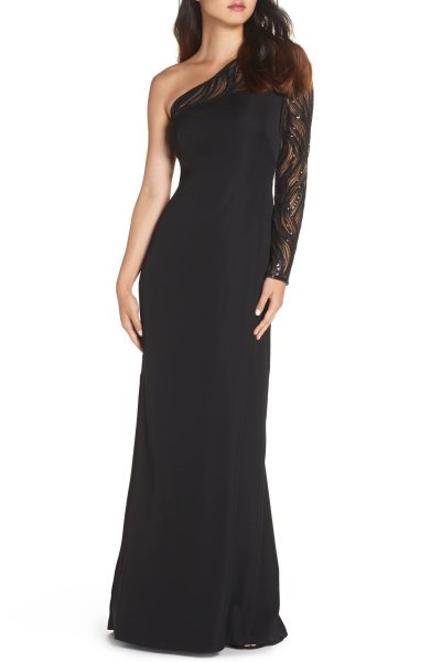 画像1: セール！Tadashi Shoji タダシショージ   イブニングドレス　One-Shoulder Crepe Gown ブラック (1)