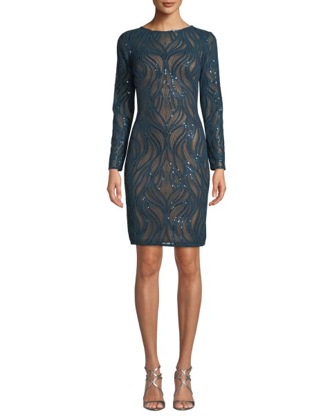 画像2: Tadashi Shoji タダシショージ   スパンコールロングスリーブドレス ブルー系 (2)