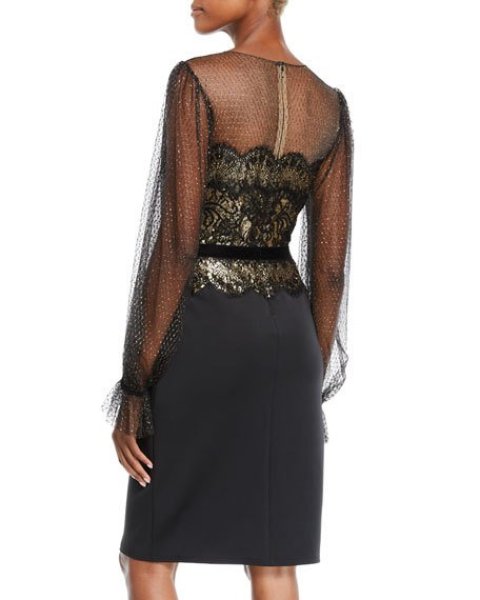 画像2: Tadashi Shoji タダシショージ   パーティードレス Metallic Lace & Chiffon-Sleeve Dress ブラック (2)