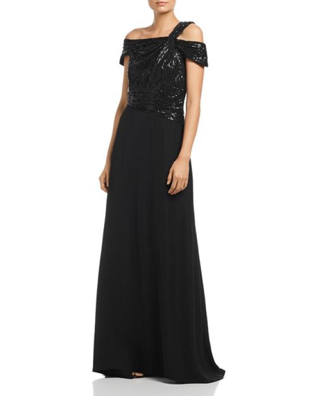 画像1: Tadashi Shoji タダシショージ　One-Shoulder Sequin Bodice Gown  ブラック  41714 (1)