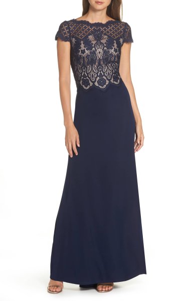 画像1: Tadashi Shoji  タダシショージ　Lace & Crepe A-Line Gown  ネイビー (1)