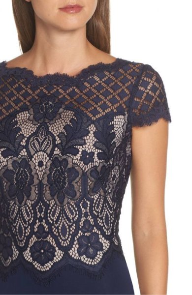 画像3: Tadashi Shoji  タダシショージ Lace & Crepe A-Line Gown  ネイビー (3)