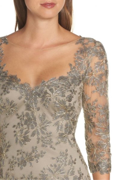 画像3: セール!Tadashi Shoji   タダシショージ Corded Embroidered Lace Gown スモークパール ベージュ系、グレー系 (3)