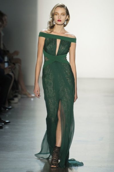 画像3: Tadashi Shoji タダシショージ   パーティードレス Off-the-Shoulder Pintuck & Lace Jersey Gown グリーン系 (3)