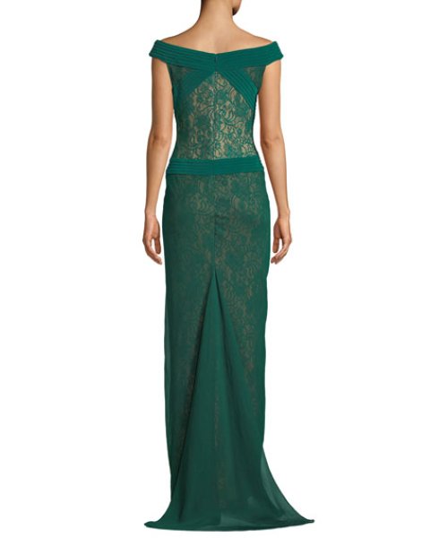 画像2: Tadashi Shoji タダシショージ   パーティードレス Off-the-Shoulder Pintuck & Lace Jersey Gown グリーン系 (2)