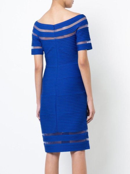 画像2: Tadashi Shoji  タダシショージ オフショルダーピンタックドレス  ブルー (2)