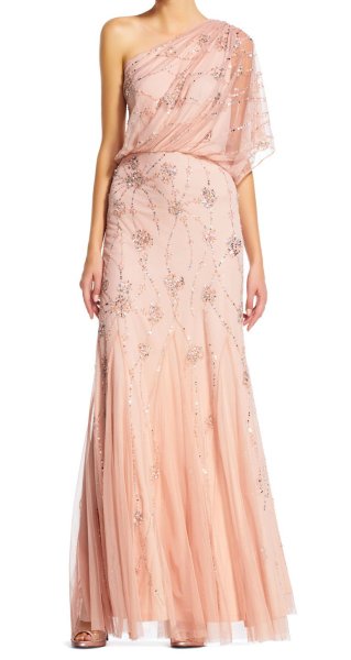 画像1: 【Ali Fedowtowsky愛用】Adrianna Papell アドリアナパペル　　Beaded One-Shoulder Gown  BLUSH (1)