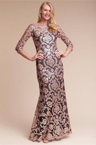 画像1: Tadashi Shoji タダシショージ　Metallic Sequined Lace Sleeve Gown　アンティークピンク (1)