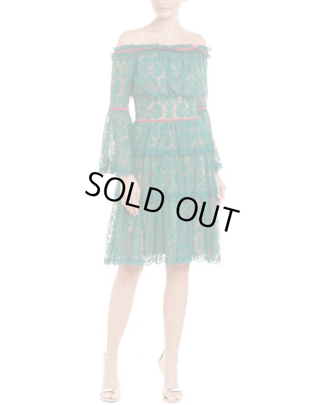 画像1: Tadashi Shoji タダシショージ   オフショルダーレースドレス　グリーン系 (1)