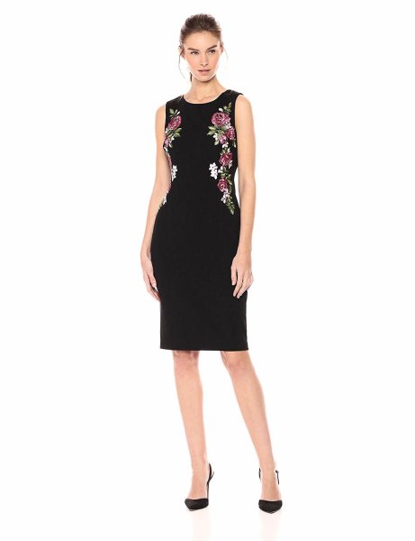 画像1: Adrianna Papell アドリアナパペル　Knit Crepe Embroidered Sheath ブラック (1)