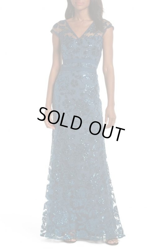 画像1: Tadashi Shoji タダシショージ   スパンコールレースイブニングドレス ブルー系 (1)