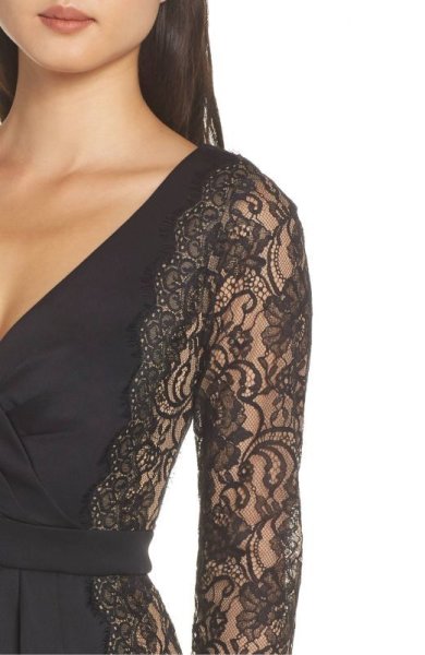 画像3: セール!Tadashi Shoji タダシショージ   Long Sleeve Neoprene & Lace Cocktail Dress ブラック (3)