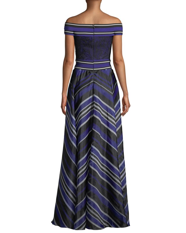 画像2: Tadashi Shoji タダシショージ   ストライプオフショルダーAラインロングドレス　ブルー、ブラック系 (2)