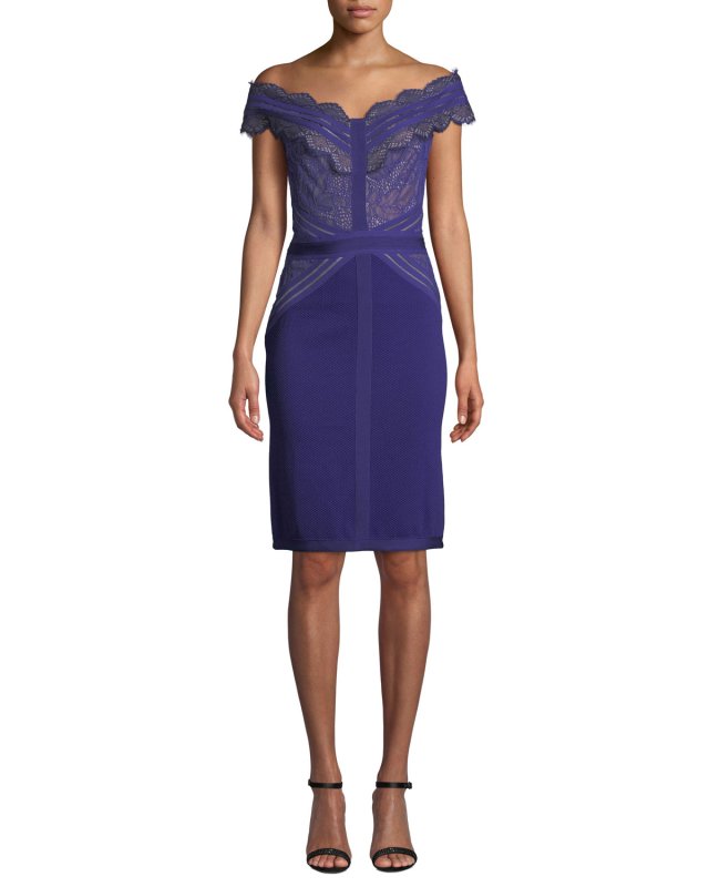 画像1: セール！【大石絵里さん着用】Tadashi Shoji   タダシショージ　オフショルダーカクテルドレス　ブルー系 (1)