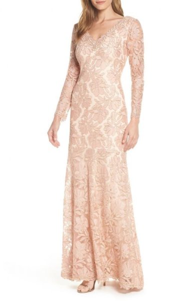 画像1: Tadashi Shoji   タダシショージ　Lace Evening Dress　ピンク系 (1)