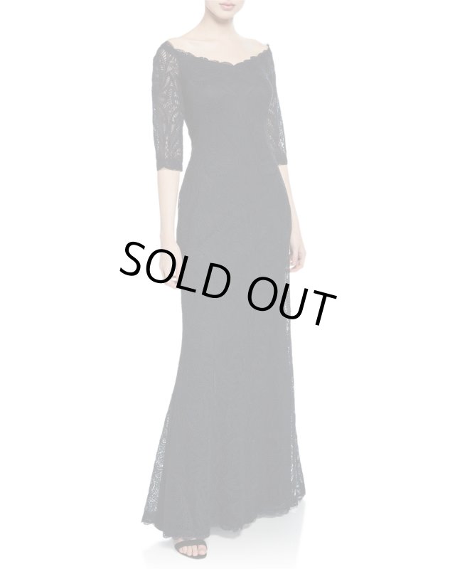 画像1: Tadashi Shoji タダシショージ   オフショルダー7分袖レースドレス 　ネイビー系 (1)