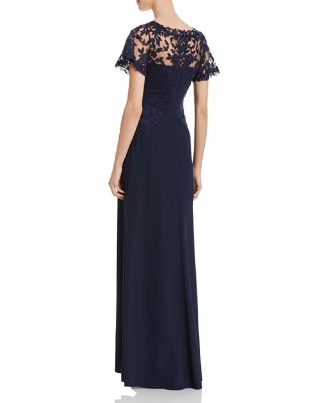 画像2: 期間限定セール！Tadashi Shoji  タダシショージ  Lace-Overlay Crepe Gown   ネイビー系 (2)