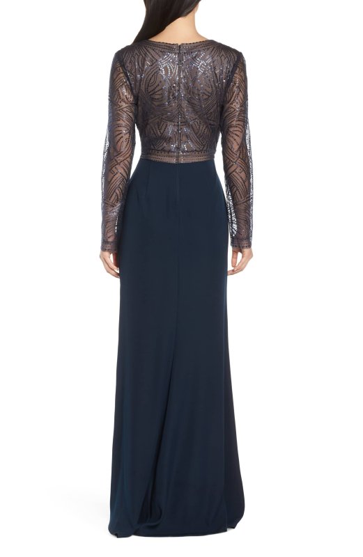 画像2: Tadashi Shoji タダシショージ  Sequin & Crepe イブニングドレス  ネイビー系 (2)