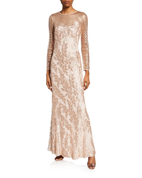 画像1: Tadashi Shoji タダシショージ  Sequined Jewel-Neck Long-Sleeve Crepe Gown　ベージュ系 (1)