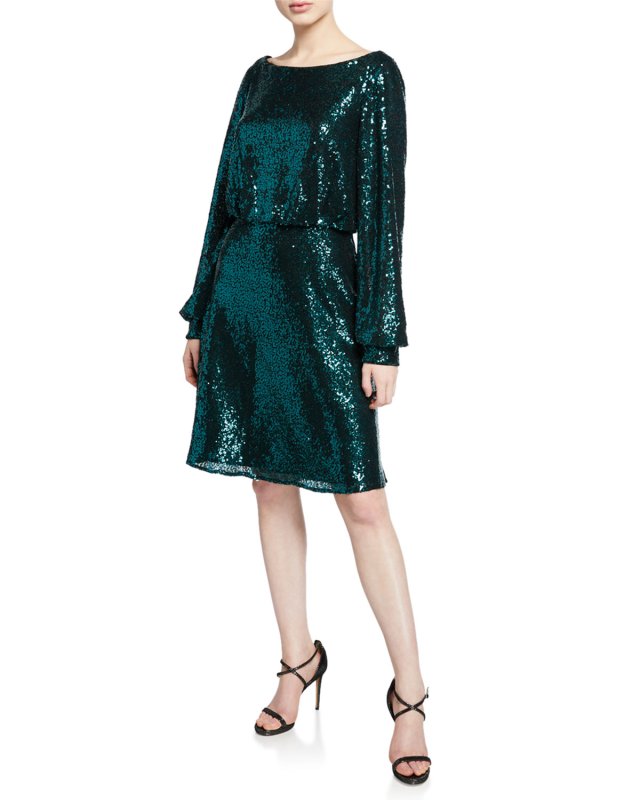 画像2: Tadashi Shoji タダシショージ  　スパンコールカウルネックドレス　グリーン系 (2)