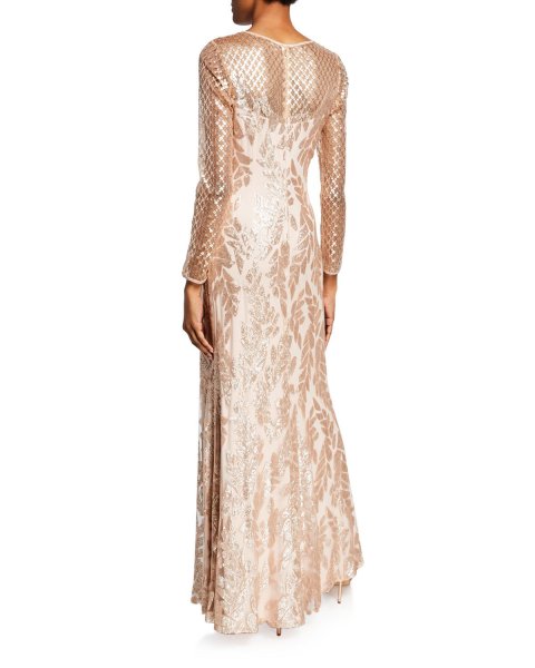 画像2: Tadashi Shoji タダシショージ  Sequined Jewel-Neck Long-Sleeve Crepe Gown ベージュ系 (2)