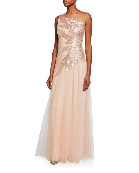 画像2: 【アンミカさん着用】Tadashi Shoji タダシショージ  スパンコールチュールドレス ベージュ系 (2)