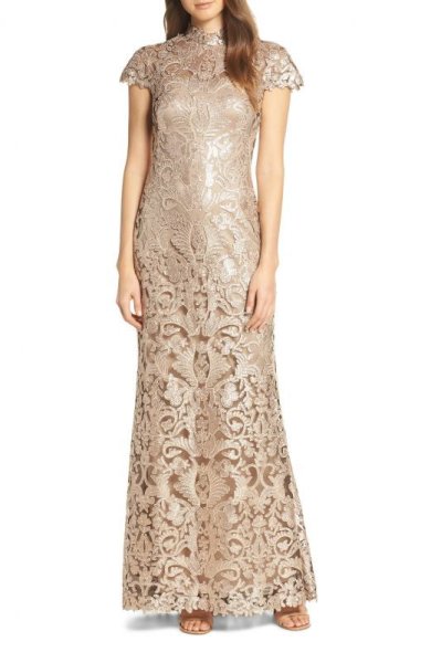 画像1: Tadashi Shoji   Embellished Mesh Evening Dress   Ginseng ベージュ系 (1)