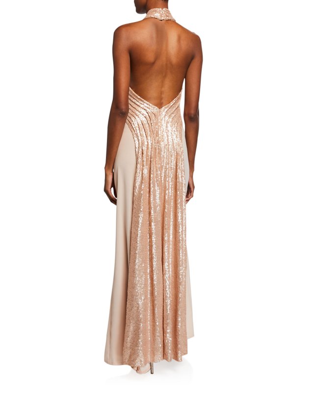 画像3: Tadashi Shoji タダシショージ  スパンコールホルターネックロングドレス　ベージュ系 (3)