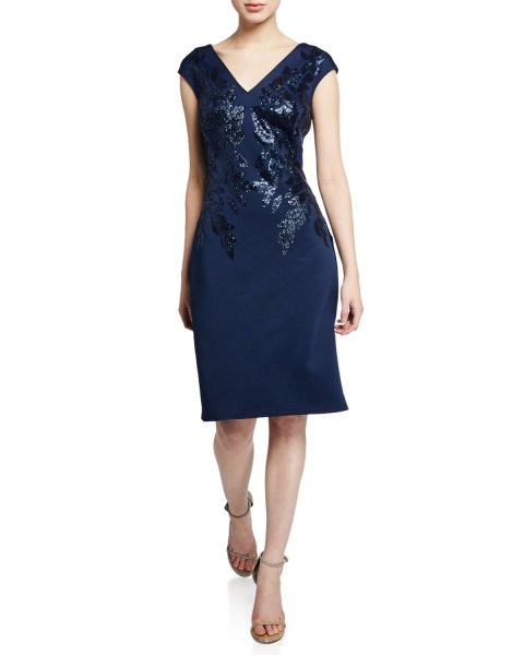 画像1: セール！Tadashi Shoji タダシショージ  スパンコール V-Neck Neoprene Dress ネイビー系 (1)