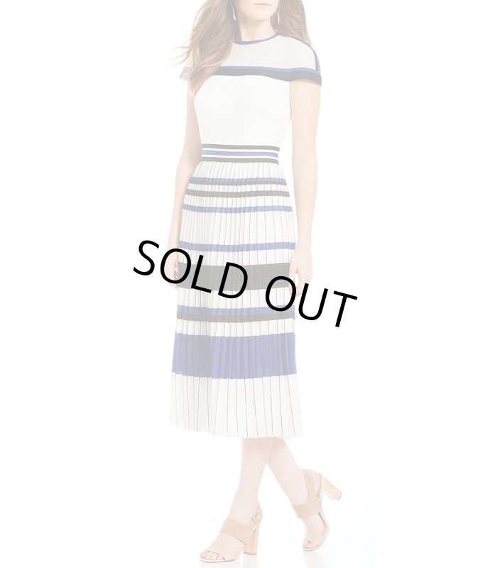 画像1: 【コンフィデンスマンJP 長澤まさみさん着用、アリッサミラノ愛用】Tadashi Shoji タダシショージ   ストライププリーツミディアムドレス　ブルー、ホワイト系 (1)