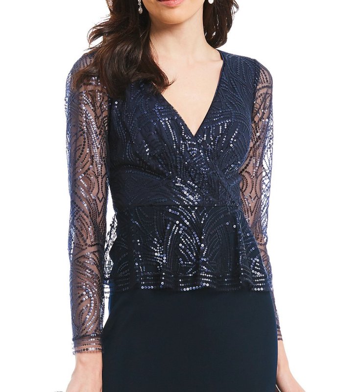 画像2: 期間限定セール！Tadashi Shoji タダシショージ  スパンコールペプラムロングドレス  ネイビー系  05171 (2)