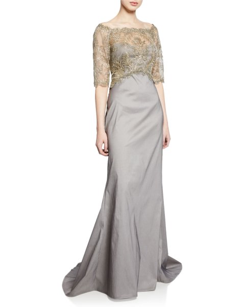 画像1: Tadashi Shoji  タダシショージ　Off-the-Shoulder Elbow-Sleeve Taffeta Gown 　グレー、シルバー系 (1)