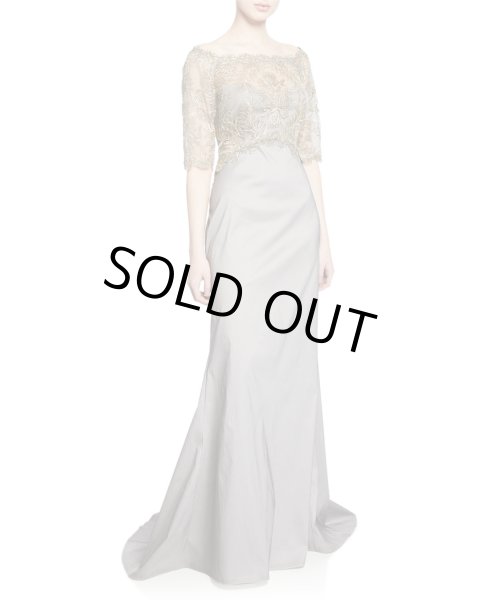 画像1: Tadashi Shoji  タダシショージ Off-the-Shoulder Elbow-Sleeve Taffeta Gown  グレー、シルバー系 (1)