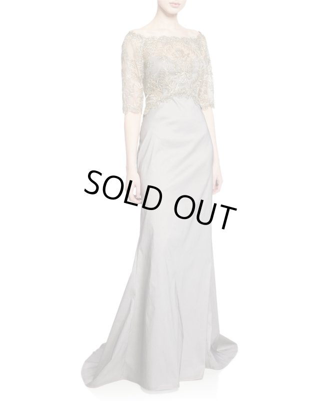 画像1: Tadashi Shoji  タダシショージ　Off-the-Shoulder Elbow-Sleeve Taffeta Gown 　グレー、シルバー系 (1)