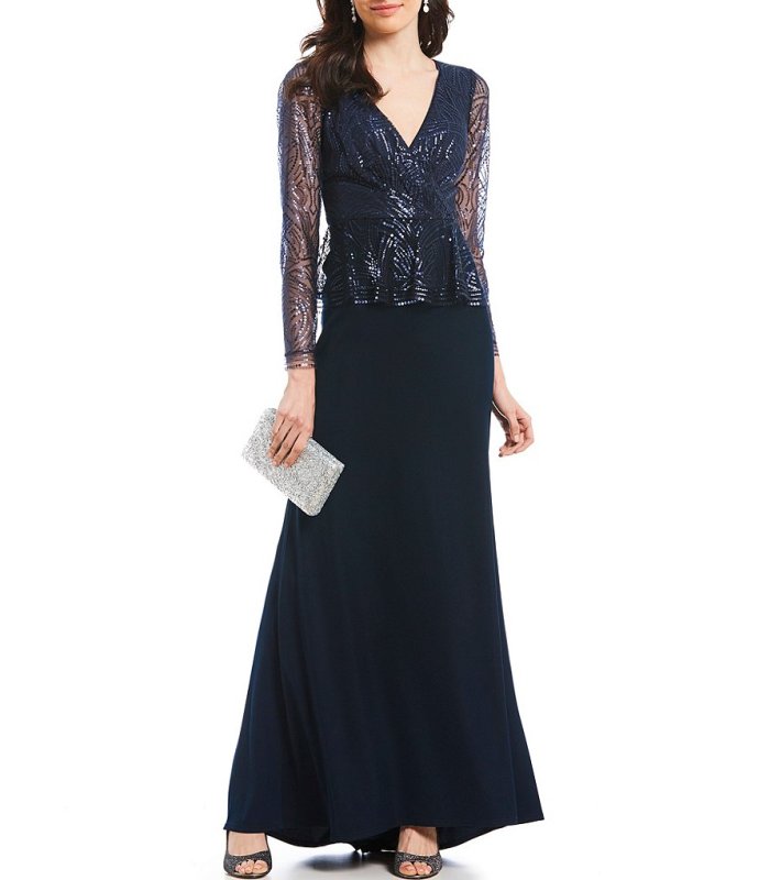 画像1: 期間限定セール！Tadashi Shoji タダシショージ  スパンコールペプラムロングドレス  ネイビー系  05171 (1)