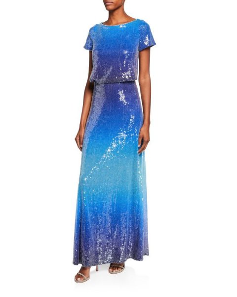 画像2: セール!Tadashi Shoji タダシショージ  グラデーションスパンコールロングドレス ブルー系 (2)
