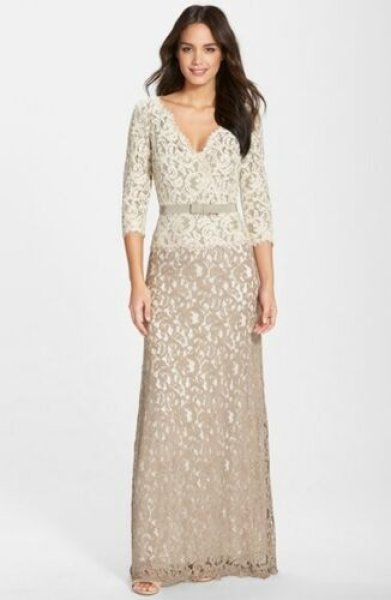 画像1: Tadashi Shoji   Vネック Two-Tone Lace Combo Gown ベージュ系 (1)