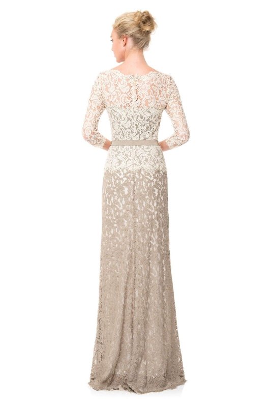 画像2: Tadashi Shoji   Vネック Two-Tone Lace Combo Gown ベージュ系 (2)