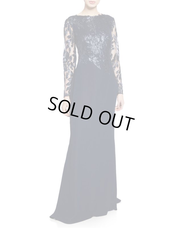 画像1: 期間限定セール！Tadashi Shoji タダシショージ  スパンコールトップロングスリーブドレス　ネイビー (1)