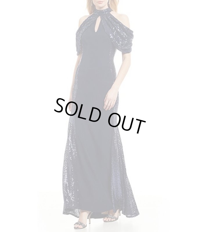 画像2: 限定セール【新妻聖子さん、チャン・ツィイー着用】Tadashi Shoji タダシショージ　スパンコールコールドショルダードレス　ネイビー (2)