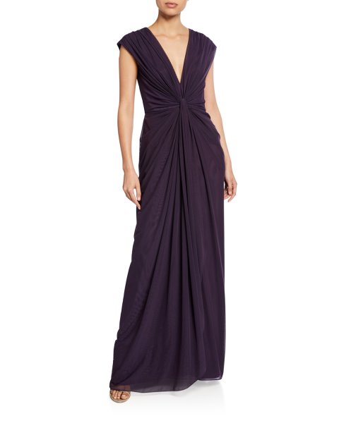 画像1: Tadashi Shoji タダシショージ   V-Neck Sleeveless Ruched Mesh Gown　パープル系 (1)