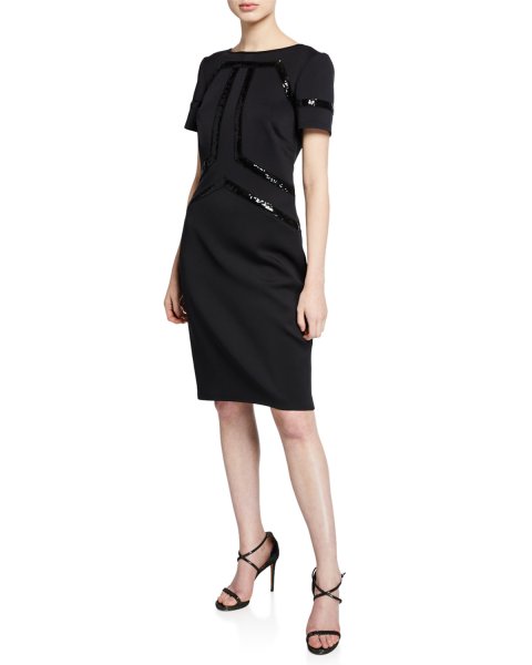 画像1: Tadashi Shoji タダシショージ  Short-Sleeve Neoprene Dress ブラック (1)