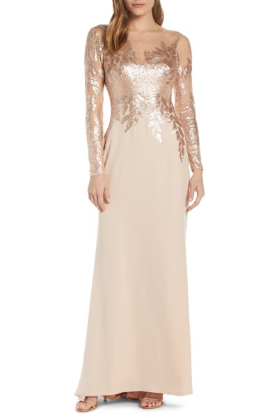 画像1: Tadashi Shoji タダシショージ  Sequin Embellished Gown　ベージュ系 (1)