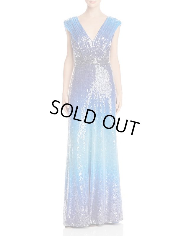 画像1: Tadashi Shoji タダシショージ  グラデーションスパンコールVネックロングドレス　ブルー系 (1)